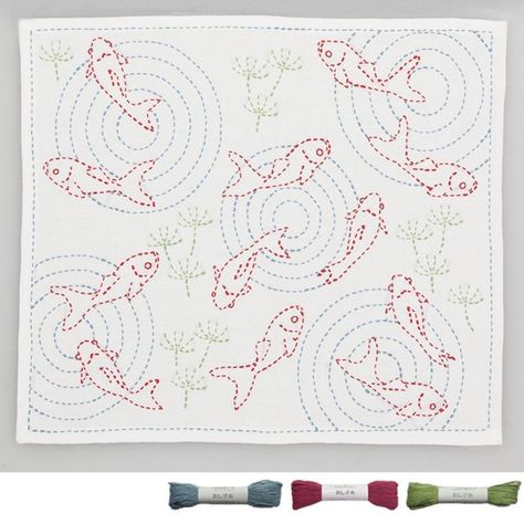 Golden Fish white cotton sashiko stitch on the preprinted | Etsy Sashiko Fish Pattern, Japanese Embroidery Patterns Flowers, Sashiko Pattern Free Printable, Japan Embroidery, Embroidery Sashiko, Quilting Methods, Sashiko Pattern, Kantha Embroidery, Sashiko Embroidery