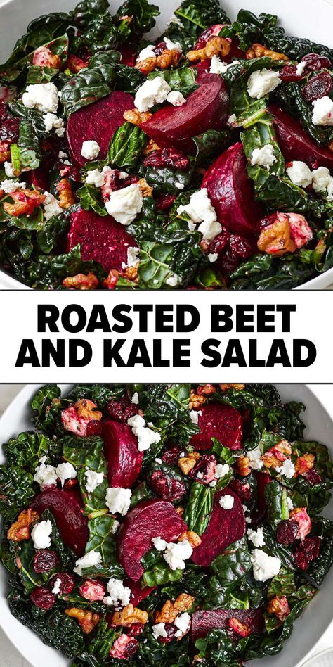 Roasted beet and kale salad recipe Healthiest Vegetables, Homemade Balsamic Vinaigrette, Beet And Goat Cheese, Beet Salad Recipes, Roasted Beet Salad, Kale Salad Recipes, Beet Recipes, Kale Recipes, Homemade Salads