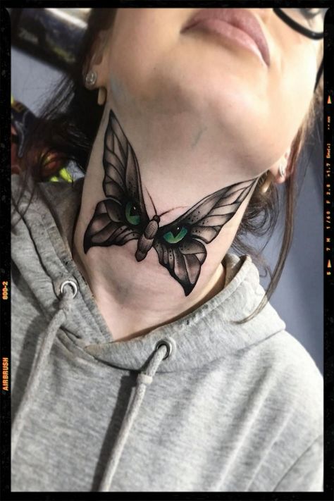 Butterfly Throat Tattoos Women, Neck Tattoos Women Throat Butterfly, Butterfly Throat Tattoo, Throat Tattoos Women Simple, Neck Butterfly Tattoo, Butterfly Tattoo Neck, Wing Neck Tattoo, Neck Tattoo Women, Throat Tattoos