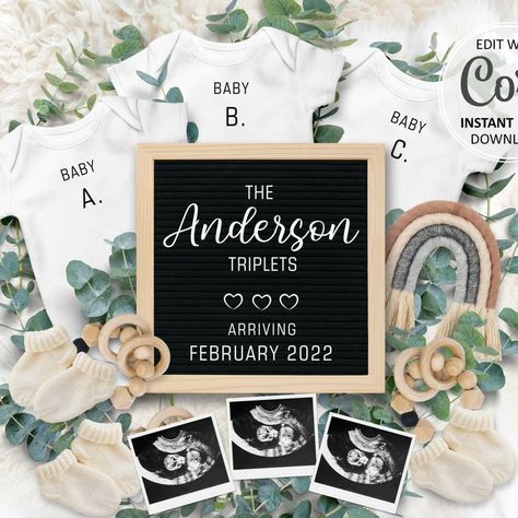 "Triplets pregnancy announcement digital card for social media" Triplet Announcement, Triplets Pregnancy, Easter Gender Reveal, Sonogram Pictures, Three Babies, Twin Pregnancy Announcement, Baby Due Date, Triplet Babies