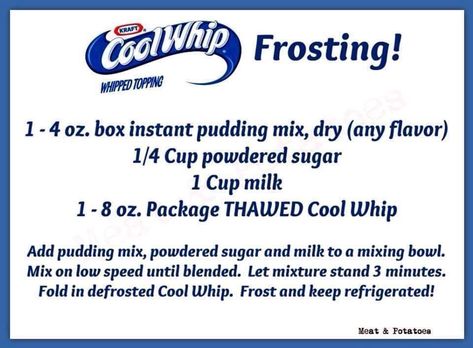 Pudding Mix And Cool Whip, Cool Whip Icing Recipe, Whipped Icing Recipes, Whip Frosting, Pudding Frosting, Cool Whip Frosting, Whipped Icing, Frosting Recipes Easy, Whipped Frosting