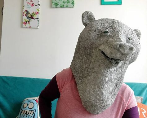 Paper Mache Bear, Make A Bear, Cardboard Mask, Making Paper Mache, Bear Mask, Bear Head, Papel Mache, Halloween Contest, Cardboard Crafts