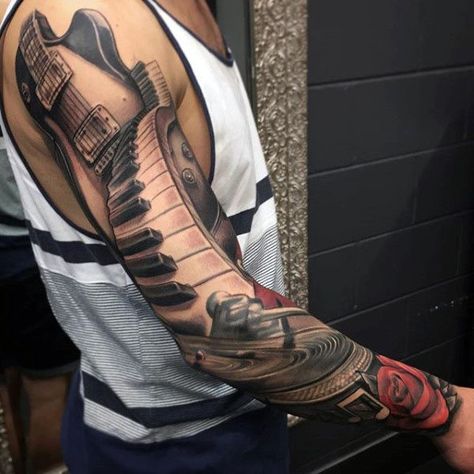 Awesome Mens Masculine Full Arm 3d Music Themed Tattoo Designs Music Tattoos Men, Creative Sleeve Tattoos, Voll Arm-tattoos, Piano Tattoo, Music Tattoo Ideas, Music Sleeve, Music Tattoo Sleeves, Piano Ideas, Full Arm Tattoos