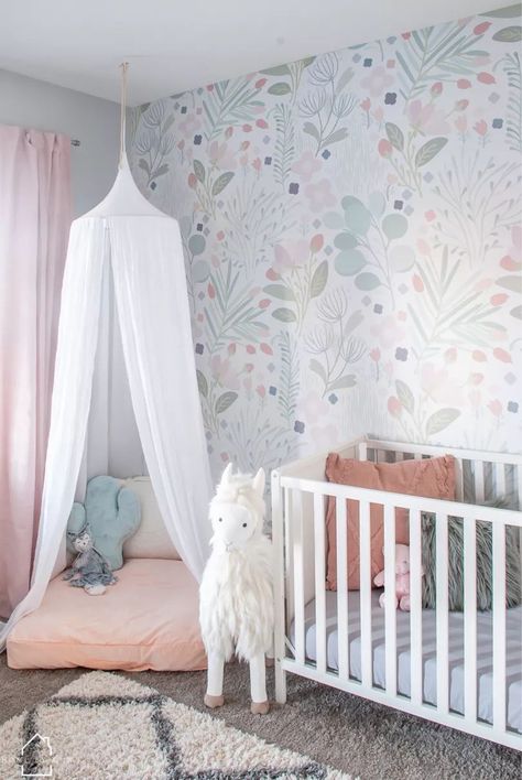 Peel And Stick Wallpaper Kids Room, Nursery Peel And Stick Wallpaper, Pink Toddler Rooms, Girls Bedroom Grey, Colorful Nursery, Gray Nursery, Toddler Bedroom Girl, Room Accent Wall, Toddler Bedroom