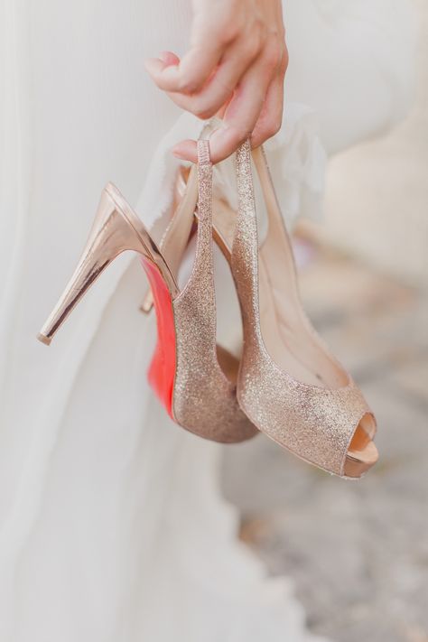 Sparkly nude Louboutins Holding Shoes In Hand, Wedding Heels Brides, Louboutin Wedding Heels, Louboutin Wedding Shoes, Louboutin Wedding, Christian Louboutin Wedding, Christian Louboutin Wedding Shoes, Fun Wedding Shoes, Shoes Details