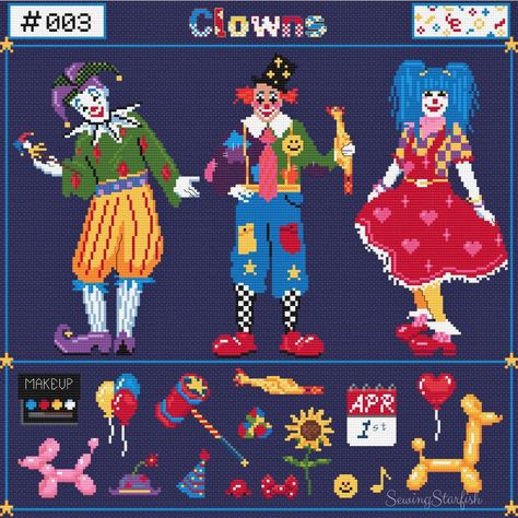 🤡🎪 Send in the clowns! In this motif set, I have designed three colourful full-body clowns (I got carried away haha), along with some of their fun props. ✨If you have recognised the balloon dog, juggling balls and rubber chicken from my Magic & Novelty #001 Motif Set, these are actually smaller versions of those motifs for those who want to make charms or embellish clothes at a smaller scale. ★ Design Information: The design is 200 w x 198 h stitches. 14 count (36.3 x 35.9 cm) (14.3 x 14.1 in. Clown Character, Clown Core, Send In The Clowns, Primary Colours, Cute Clown, Clowning Around, Balloon Dog, Drawing Reference Poses, Cross Stitch Pattern