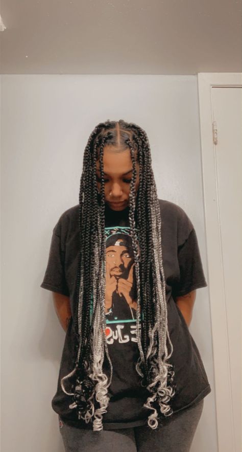 #knotlessboxbraids #blackgirlmagic #blackandgrey #blackandgraybraids Braids With Grey Highlights, Grey And Black Box Braids, Grey Knotless Box Braids, Black And Gray Hair, Box Braids Inspiration, Black Knotless Braids, Black Knotless, Medium Size Braids, Styling Braids