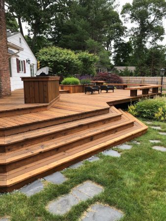 TWP 1530 Natural Deck 7 Cedar Deck Ideas, Cedar Deck Stain, Cedar Stain, Deck Stain, Tiered Deck, Cedar Deck, Deck Steps, Natural Fence, Cabin Exterior