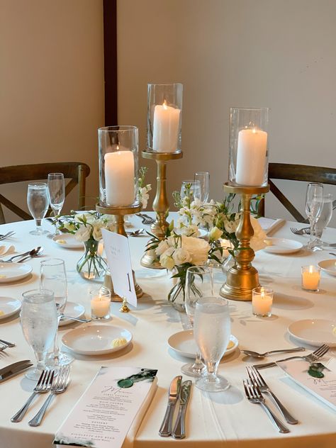 Round Table With Candles, Round Table Candle Centerpieces, Bud Vase And Candle Centerpiece, Bud Vase Centerpieces, Centerpiece Candles, Round Table Centerpiece, Sweetheart Table Centerpiece, Bud Vases Arrangements, Wedding Business Ideas