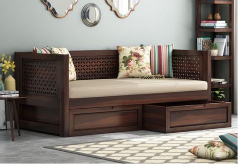 Angelica Divan With Storage (Walnut Finish) Diwan Seating Living Rooms, Diwan Bed, Sofa Come Bed, Divan Cama, Ethnic Furniture, Divan Beds, Sofa Cum Bed, Sofa Design Wood, Wooden Sofa Set Designs