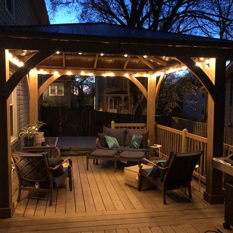 New Costco Yardistry gazebo on our new deck with LED outdoor lights from Costco and a fan. So happy with how it turned out. Pergola Decor, Gazebo Lighting, Balkon Decor, Patio Deck Designs, Covered Deck, Backyard Gazebo, Pergola Design, Outdoor Gazebos, Backyard Pergola