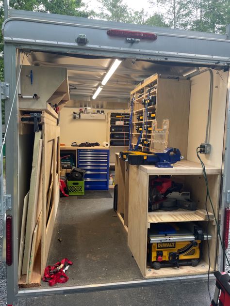 Workvan Storage, Trailer Tool Storage Ideas, Tool Trailer Organization Ideas, Tool Trailer Ideas, Work Trailer Organization, Construction Trailer Setup, Work Trailer Organization Ideas, Contractor Trailer Organization, Tool Trailer Organization