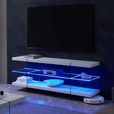 Ellmann 66''W TV Stand for TVs up to 75" TV,Tempered Glass and Wood Entertainment Center with RGB LED Lights Storage Entertainment Center, White Entertainment Center, Glass Tv Stand, Wood Entertainment Center, Media Console Table, Led Tv Stand, Artificial Wood, Cool Tv Stands, Glass Console Table