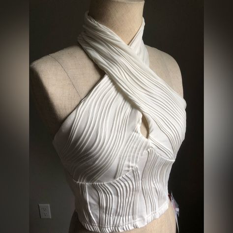 Textured Stretchy Crop With Cute Keyhole Twist Halter And Faux Pearl Closure Cider Tops, Upcycle Design, Dress Asymmetrical, Design Clothes, Halter Crop Top, Asymmetrical Dress, Dream Dress, Cider, Faux Pearl