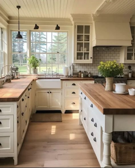 Butcher Block Countertops White Cabinets, Ikea Kitchen Planning, Slate Floor Kitchen, Butcher Block Countertops Kitchen, White Cabinets White Countertops, Kitchen Island With Sink, Farmhouse Kitchen Remodel, Kitschy Kitchen, Interior Design Boards