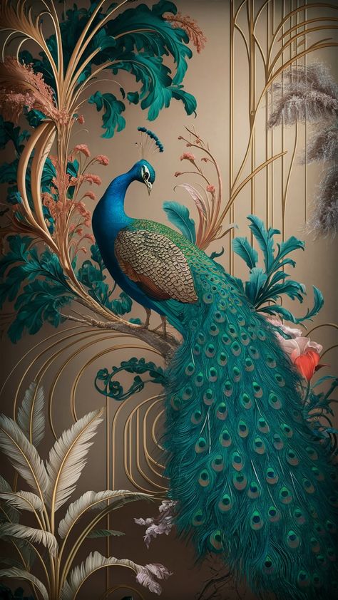 Transform your space with our opulent peacock wallpaper, featuring vibrant plumage and rich hues inspired by Art Nouveau and Impressionism. Experience the interplay of glossy feathers amidst soft, muted tones, evoking tranquility and exotic allure. Perfect for modern aesthetics, this wallpaper integrates organic forms and lush flora, inviting serene contemplation. Ideal for home decor enthusiasts and nature lovers. Peacock Aesthetic Wallpaper, Peacock Aesthetic, Peacock Mosaic, Peacock Images, Peacock Wallpaper, Elephant Pictures, Clay Wall Art, Organic Forms, Clay Wall