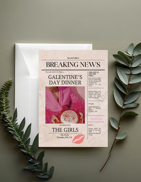 Newspaper Style Galentines Day 5x7 CANVA Invite, Editable Template, Modern, Digital Download, Valentines Day, Valentine, Newspaper Template Creative Invitation Ideas Events, Galentines Invitation, Newspaper Template, Creative Invitations, Birthday Surprise, Types Of Printer, Favorite Drinks, Online Design, Wedding Invitation Templates