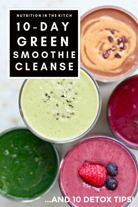 This 10-Day Green Smoothie Cleanse is actually doable, approachable, realistic, and fun! Perfect for a body and mind detox and boosting energy, digestion, and metabolism. I'm sharing the cleanse along with my Top 10 Detox Tips! Check it out! Green Smoothie Cleanse Jj Smith, 10 Day Green Smoothie Cleanse, Smoothie Cleanse Recipes, Diy Smoothies, Detox Shakes, 10 Day Green Smoothie, Green Smoothie Cleanse, Green Detox Smoothie, Detox Smoothie Recipes