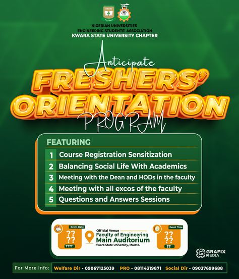 Freshers' Orientation Flyer Freshers Orientation Flyer Design, Freshers Poster, Nigerian Traditional Wear, Freshers Day, Freshman Orientation, Service Poster, Freshers Party, Freshers Week, Social Design