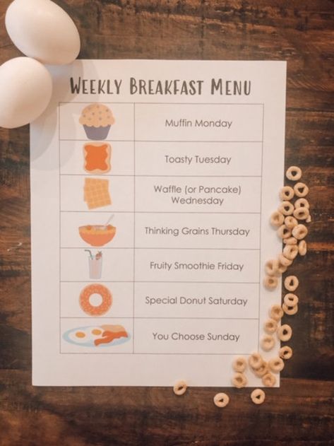 New Years Breakfast For Kids, Breakfast Weekly Plan, Weekly Lunch Menu For Kids, Breakfast Meal Planning, Breakfast Meal Plan Ideas, Breakfast Planning Weekly, On The Go Breakfast For Toddlers, Easy Breakfast Menu Ideas, Breakfast For Preschoolers