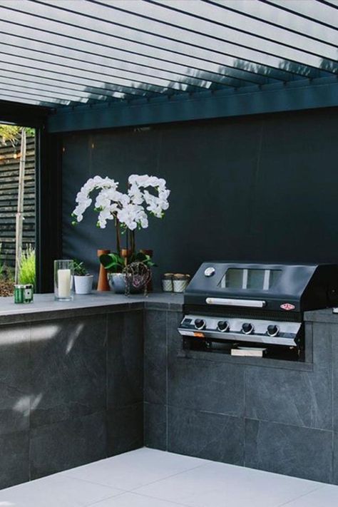 Outdoor Kitchen Cladding Ideas, Dark Outdoor Kitchen, Tiled Outdoor Kitchen, Outdoor Kitchen Black, Black Outdoor Kitchen, Bbq Wall, Alfresco Designs, Outdoor Kitchen Design Ideas, Steel Cupboard