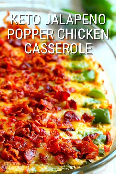 This Keto Jalapeno Popper Chicken Casserole is so creamy and packed with flavorful ingredients yet it contains very low in carbohydrates. via @mystayathome Keto Jalapeno Popper Chicken, Jalapeno Popper Casserole, Jalapeno Popper Chicken Casserole, Popper Chicken Casserole, Popper Casserole, Casserole Dinner Recipes, Keto Jalapeno, Low Carb Chicken Casserole, Chicken Casserole Dinners