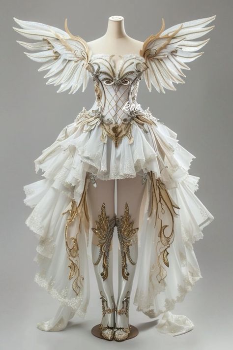 Angel Wing Dress, Futurism Fashion, Drag Queen Outfits, Goddess Outfit, Beautiful Ball, Samba Costume, Concert Dresses, Angel Outfit, Angel Costume