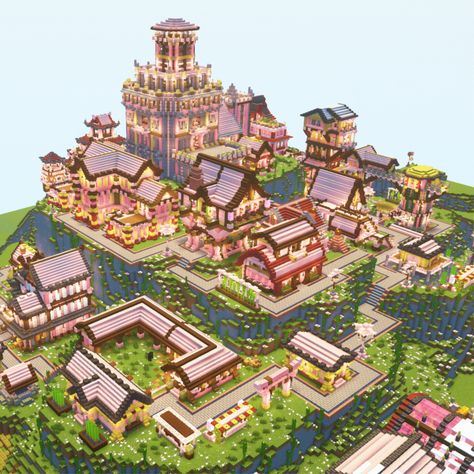 Minecraft Cherry Blossom Village Tutorial Cottagecore Minecraft Village Ideas, Cherry Tree Builds Minecraft, Cherry Minecraft Village, Minecraft Cute Village, Minecraft Base Aesthetic, Cherry Village Minecraft, Minecraft Cherry Blossom Bridge, Minecraft Cherry Blossom Village, Cherry Blossom Village Minecraft