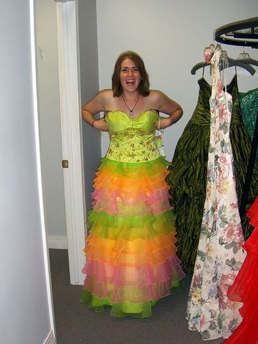 Ugliest Dress in the World | The Glam Planner     Rainbow Sherbet, anyone? Ugly Prom Dresses, Ugly Prom Dress, Worst Prom Dresses, Ugly Bridesmaid Dresses, Ugly Dresses, Silk Prom Dress, Bad Fashion, Funny Dresses, Rainbow Sherbet