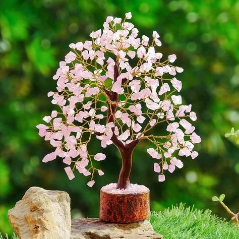 Money Tree Bonsai, Healing Crystals Decor, Feng Shui Tree, Gemstone Tree, Rose Quartz Healing, Feng Shui Decor, Money Tree, Twisted Metal, Stone Rose