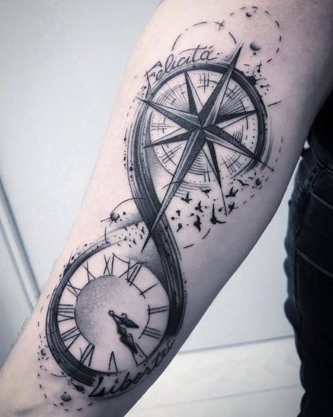 Top 41 Best Infinity Tattoos - [2020 Inspiration Guide] Infinity Tattoo For Men, Infinity Sign Tattoo, Tato Suku, Infinity Symbol Tattoo, Pocket Watch Tattoos, Infinity Tattoo Designs, Hourglass Tattoo, Compass Tattoo Design, Clock Tattoo Design