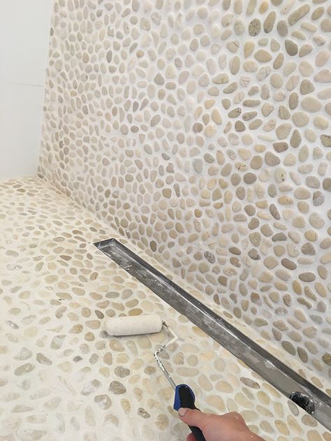 River Rock Bathroom, Stone Shower Floor, Pebble Tile Shower, Diy Barn Door Plans, Pebble Shower Floor, Stone Tile Bathroom, Rock Shower, Glass Shower Wall, Pebble Mosaic Tile