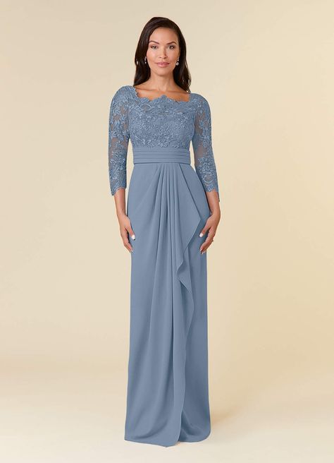 Dusty Blue Azazie Bernadine Sheath Lace Floor-Length Dress | Azazie Blue Mother Of The Bride, Bride Dress Vintage, Dress Code Wedding, Dusty Rose Dress, Bride Groom Dress, Mob Dresses, Bridesmaid Outfit, Dress Dusty, Mom Dress