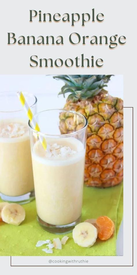 Start your day off right with a Pineapple Orange Banana Smoothie! Packed with vitamins and tropical flavors, it's the perfect way to fuel your morning. 🍍🍊🍌 #SmoothieRecipe #HealthyBreakfast || cookingwithruthie.com Orange Banana Smoothie Recipe, Orange Banana Smoothie, Banana Smoothie Recipe, Ice Milk, Banana Smoothie, Smoothie Recipe, Refreshing Drinks, Coconut Flakes, Gluten Free Vegetarian