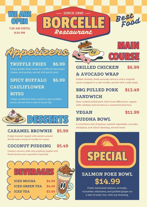 Retro Diner Menu Design, Price Menu Design, Retro Menu Design, Taco Menu, Yellow Restaurant, Tacos Menu, Pork Bites, Slow Cooked Pulled Pork, Diner Menu