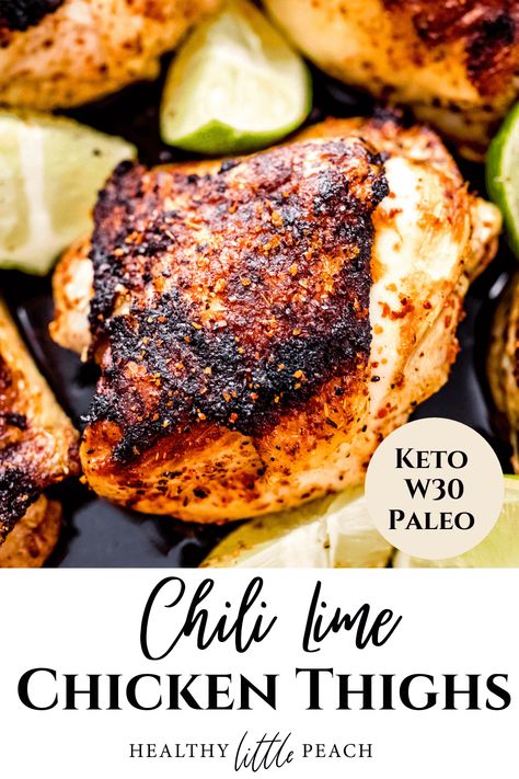 These Chili Lime chicken thighs are rubbed in lemon juice and covered with Tajin seasoning. Cooked in a cast iron skillet and finished in the oven for that gives the skin a nice crispy crunch. Keto, Whole30, and Paleo. Chicken With Tajin Seasoning, Whole 30 Chicken Thighs, Lime Chicken Thighs, Tajin Seasoning, Tajin Recipes, Clean Dinner, Oven Meals, Chili Lime Chicken, Paleo Meat Recipes