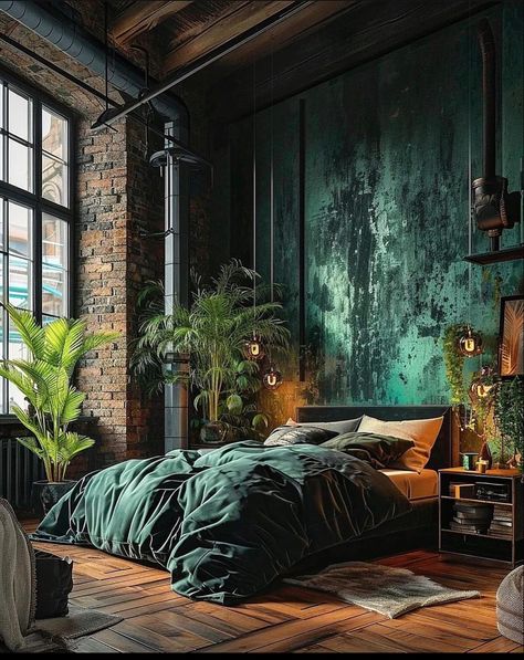 Industrial Green Bedroom, Bachelor Pad Bedroom, Industrial Green, Brick Room, Hogwarts Dr, Large Bedrooms, Art Deco Interior Design, Bachelor Pad, Dream House Rooms