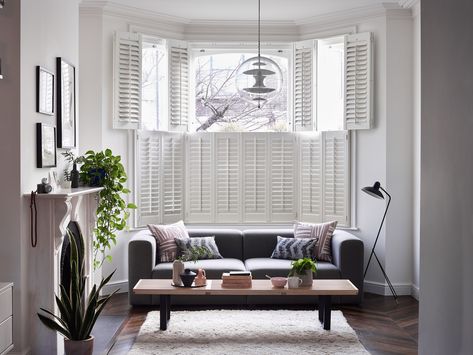 Bay Window Shutters, Living Room Shutters, Cafe Style Shutters, Modern Shutters, Shutters Living Room, Wooden Window Shutters, White Shutters, Interior Window Shutters, Wooden Shutters