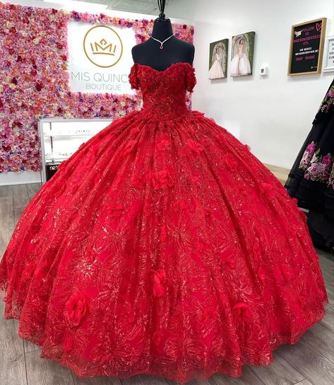 Red quinceañera dress Red 15 Dresses Quinceanera, Halloween Quinceanera, Red Sweet 16 Dresses, Red Quince Dress, Surprise Dance Outfits, Red Quinceanera Ideas, Red Quinceanera Dress, Quinceanera Dresses Red, Mexican Quinceanera Dresses