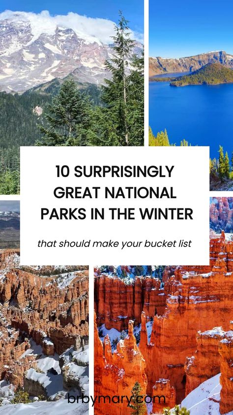 Here are 10 Surprisingly Great National Parks In The Winter. Winter might make you want to huddle up indoors, but some of the U.S. national parks look their best under a blanket of snow. Check them out in this list! Grand Canyon Travel Guide, Us National Parks List, National Parks List, Trip To Grand Canyon, Great Basin National Park, Canada Travel Guide, The Story Of Us, National Park Road Trip, Mount Rainier National Park