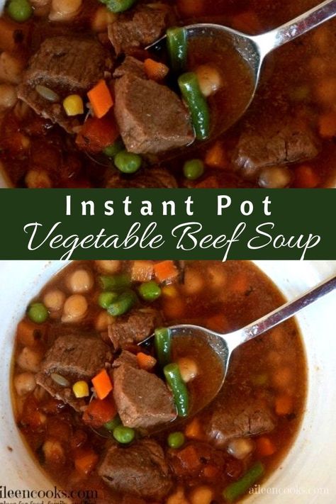 Pressure Cooker vegetable beef soup is a hearty and flavorful instant pot soup recipe. It’s filled with chunky beef stew meat, garbanzo beans, and healthy vegetables. #instantpot #instantpotrecipes #soup #beefsoup #beefrecipes #souprecipes #pressurecooker Instant Pot Vegetable Beef Soup, Instant Pot Soup Recipe, Chunky Beef Stew, Beef Soup Bones, Vegetable Soup Crock Pot, Soup With Ground Beef, Instant Pot Soup Recipes, Vegetable Beef Soup, Best Instant Pot Recipe