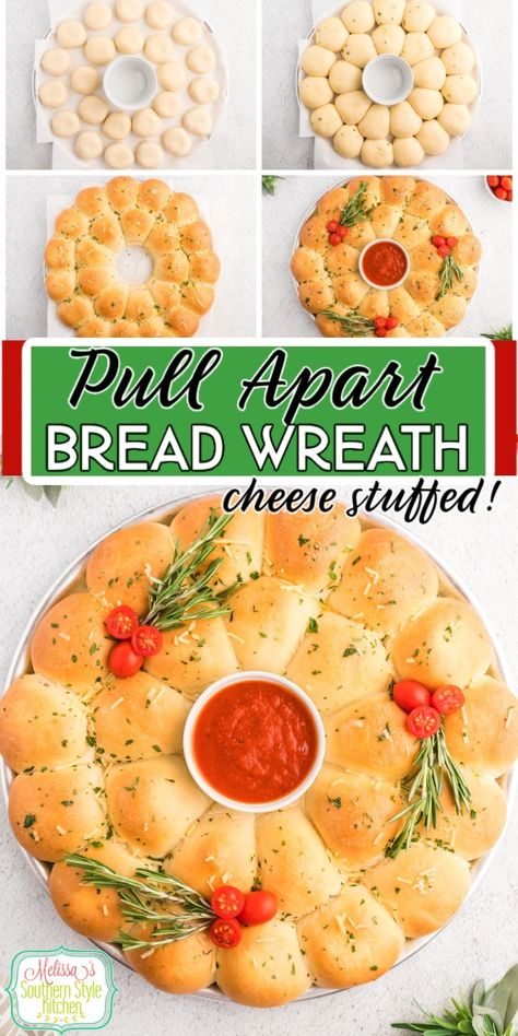 Pull Apart Cheesy Bread Wreath Pull Apart Wreath Bread, Rhodes Pull Apart Bread, Christmas Cheese Bread, Wreath Food Ideas, Bread Wreath Christmas, Christmas Pull Apart Bread, Christmas Wreath Food, Christmas Wreath Bread, Pull Apart Wreath