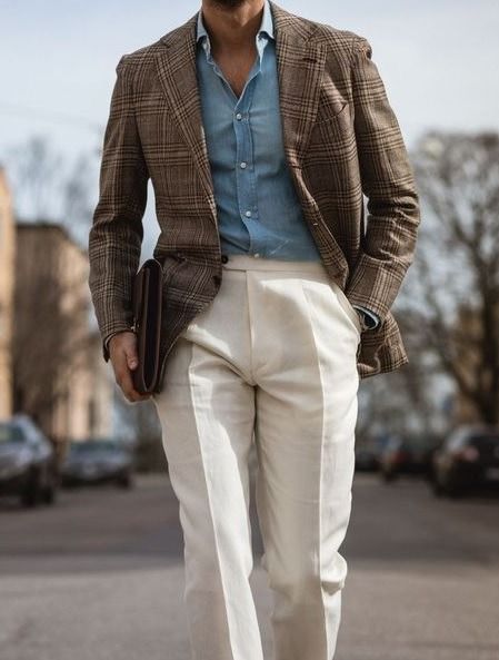 Brown Blazer Outfit, Denim Shirt Style, Blazer Outfits Men, Der Gentleman, Classy Outfits Men, Wedding Outfit Men, Mens Fashion Casual Outfits, Mens Fashion Suits, Men Fashion Casual Outfits