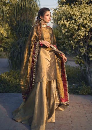 Sharara Gharara Designs, Tissue Work Suits, Silk Gharara Designs, Tissue Suits Design Pakistani, How To Wear Dupatta On Suit, Golden Suits Women Indian, Rampuri Gharara, Tissue Outfits, Tissue Suits Design