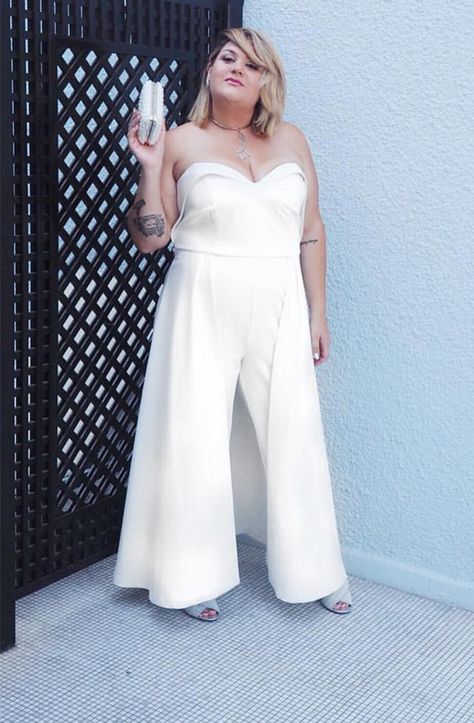 Chic Plus Size Bride in Jumpsuit!!! Plus Size Wedding Reception Outfits, Bride Reception Outfit Plus Size, Plus Size Bride Bachelorette Outfit, Bridal Jumpsuits Plus Size, White Overalls Bridal, Bride Jumpsuit Plus Size, Plus Size Bridal Jumpsuit, Plus Size White Jumpsuit Wedding, Plus Size Bachelorette Outfit For Bride