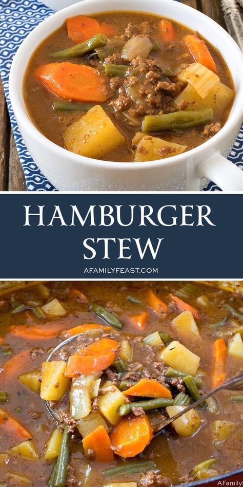 Hamburger Stew is hearty and delicious. Affordable ground beef is combined with tender vegetables in a rich and comforting stew. Family Feast Recipes, Poor Mans Stew, Ground Beef Stews, Hamburger Stew, Soup With Ground Beef, Family Feast, Beef Stew Recipe, Chowder Recipes, Beef Dinner