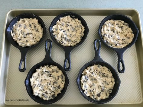 Individual skillet chocolate chip cookies Family Around The Table, Skillet Chocolate Chip Cookie, Double Chocolate Brownies, Skillet Cookie, Big Cookie, Individual Desserts, Peanut Butter Chips, Iron Skillets, Mini Chocolate Chips