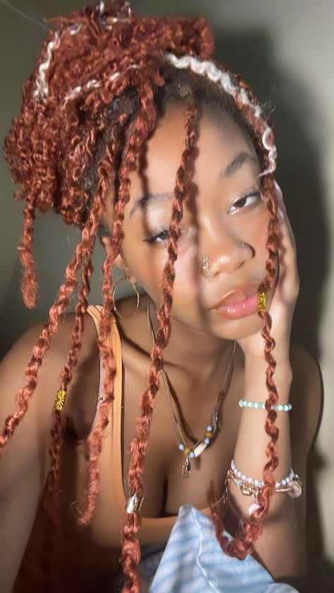 Black girl with red and blonde locs twists passion twists Red And Blonde Passion Twist, Holidays Hairstyles, Blonde Twists, Red And Blonde Hair Color, Red And Blonde Hair, Twists Locs, Red And Blonde, Future Hairstyles, Passion Twists