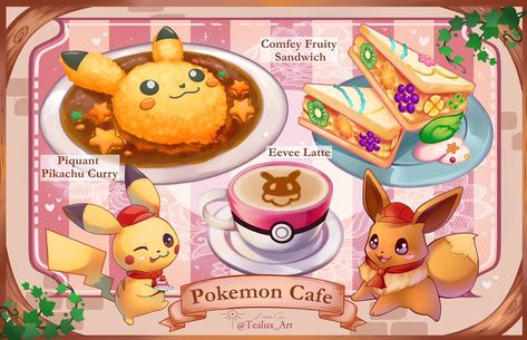 Pickachu and Eevee Cafe Food Pokemon Art, Pokemon Food Anime, Pokemon Cafe Remix Art, Pokemon Cafe Remix Food, Pokemon Cookbook, Pokemon Food, Pokemon Battle, Anime Foods, Fantasy Food