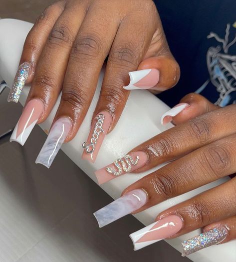 White Birthday Nails Acrylic, Aries Bday Nails, Birthday Nail Set Ideas Aries, Baddie Birthday Nails Long White, Long Square Acrylic Nails White Ombre, Birthday Nails Aries, White Birthday Nails, Libra Birthday Nails Design Long, Ombre Acrylic